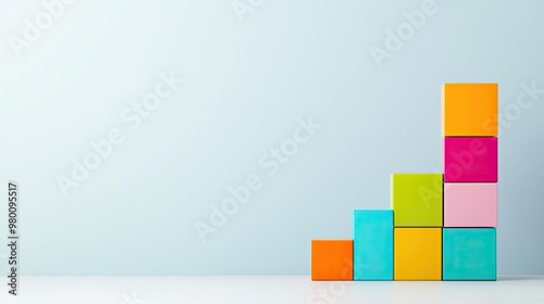 Colorful building blocks arranged in a progressive stack against a minimalist background, symbolizing creativity and growth.