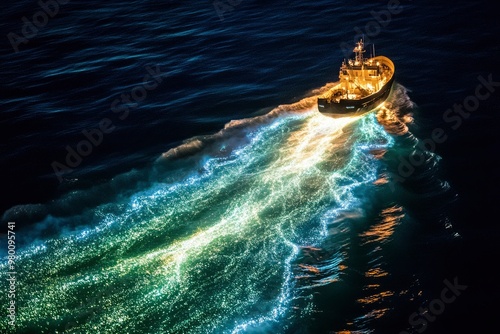 A Ship Leaving a Trail of Bioluminescent Waves at Night photo