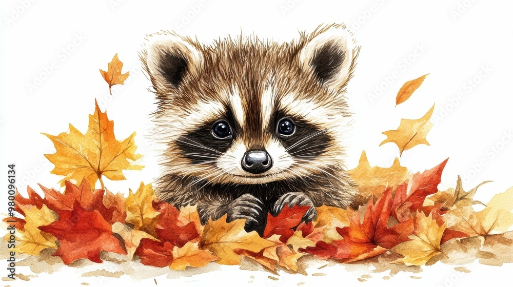 Φωτογραφία Curious Baby Raccoon Watercolor Clipart in Autumn Leaves - Adorable Woodland Ill