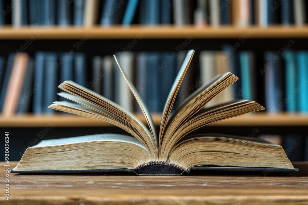 book with open pages, close up, books on the shelf in school, open book on wooden table. back to school concept, ai book with open pages, close up, books on the shelf in school, open book on wooden table. back to school concept, ai