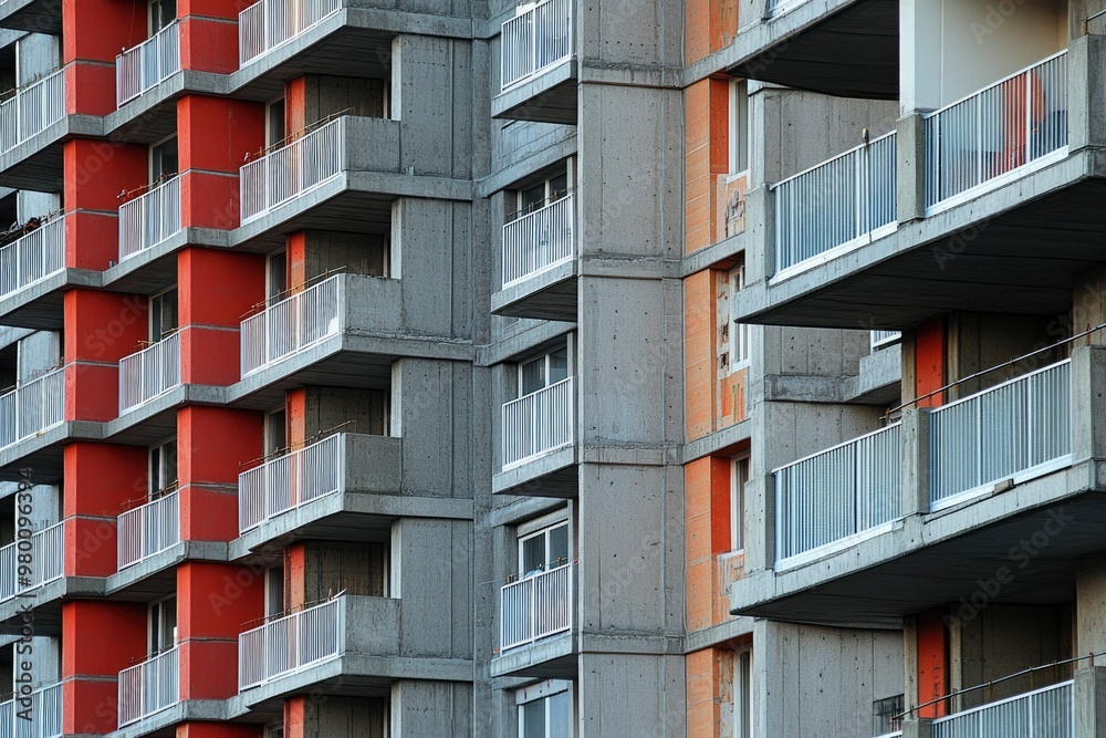 Concrete Apartment Building with Red and Grey Walls Concrete Apartment Building with Red and Grey Walls
