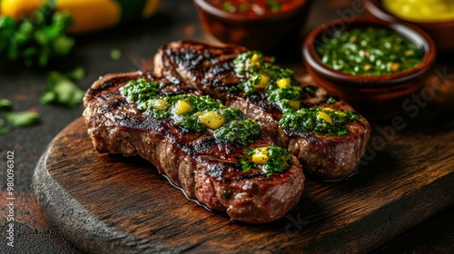 Brazilian Churrasco Delight with Chimichurri Sauce on Flag Background | Culinary Tradition Concept for Advertising and Promotion