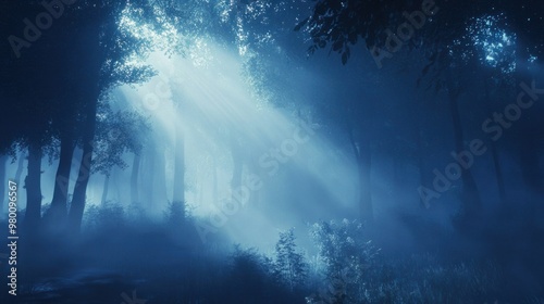Soft blue light peeking through a misty atmosphere  creating an ethereal and dreamlike scene.