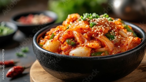 Kimchi bokkeumbap on the Korean flag background with free copy space photo