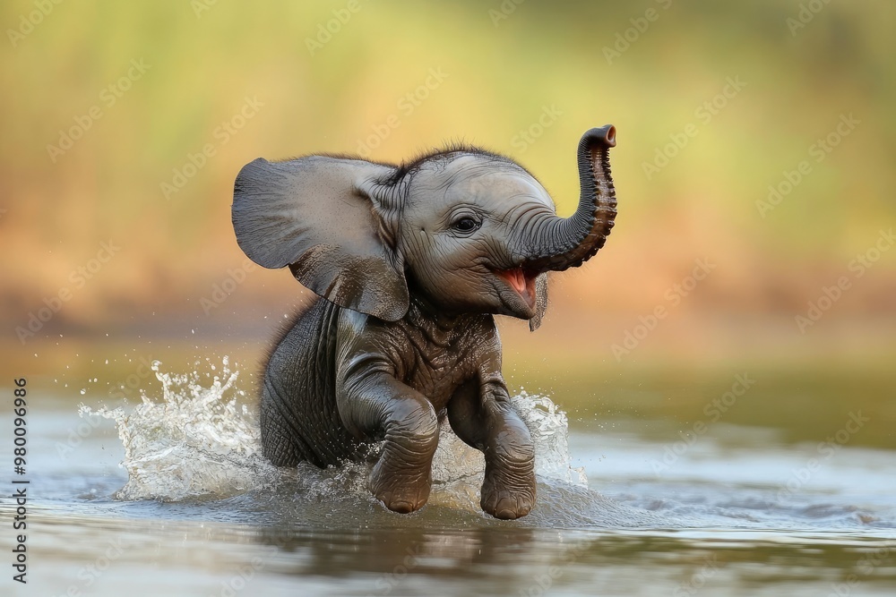 Fototapeta premium Cute Baby Elephant Playing In The Water, ai