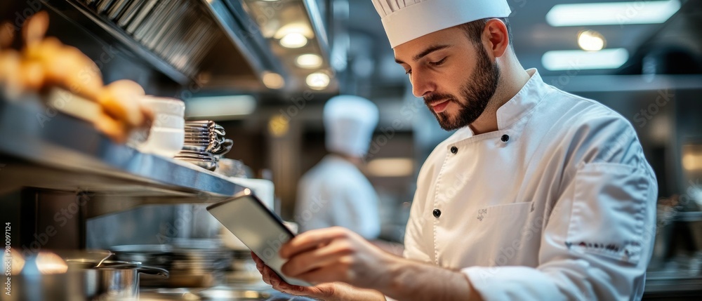 A chef utilizing a tablet to access recipe databasesmonitor kitchen equipmentand coordinate digital orders with free copy space A chef utilizing a tablet to access recipe databasesmonitor kitchen equipmentand coordinate digital orders with free copy space