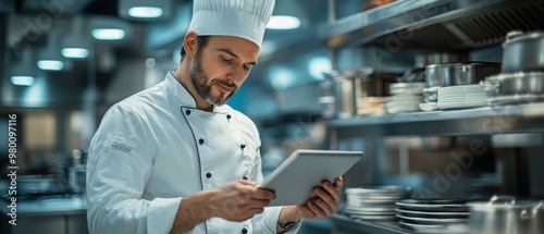 A chef utilizing a tablet to access recipe databasesmonitor kitchen equipmentand coordinate digital orders with free copy space photo