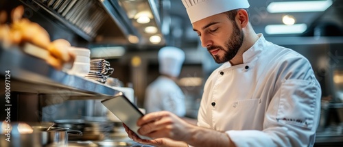 A chef utilizing a tablet to access recipe databasesmonitor kitchen equipmentand coordinate digital orders with free copy space photo