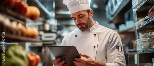 A chef utilizing a tablet to access recipe databasesmonitor kitchen equipmentand coordinate digital orders with free copy space photo