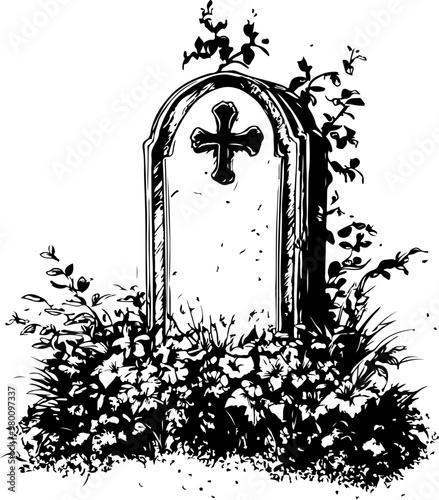 Vector Illustration of a Grave Marker with Floral Details