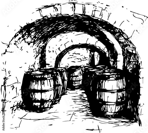 Sketch of a Wine Cellar with Wooden Barrels