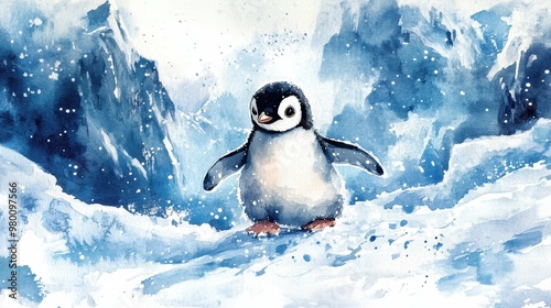 Endearing watercolor clipart of a baby penguin waddling through a snowy Antarctic landscape