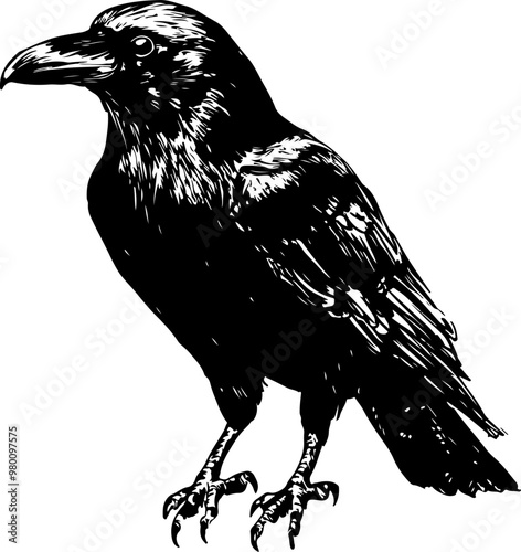 Stylized Vector Raven Illustration in Black and White