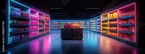 Neon Lit Supermarket Aisle