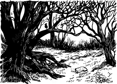 Black and White Vector of a Sparse Forest Landscape
