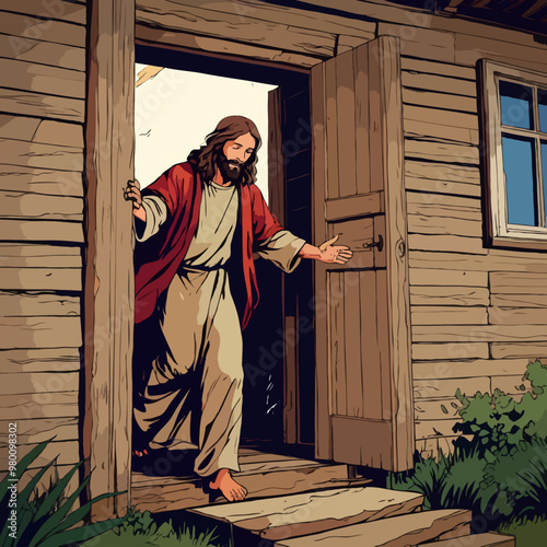 Jesus knocks on the door of a dilapidated house. Illustration vector