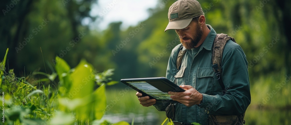 A Park Ranger Collecting Environmental Data With A Ruggedized