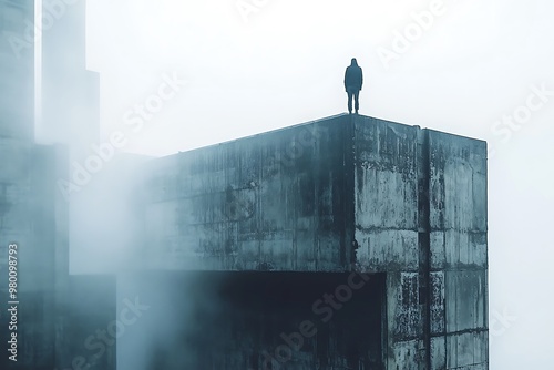 Mysterious Silhouette of a Man Standing on a Rooftop in Fog