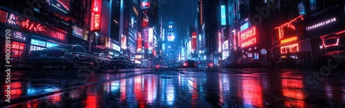 Cyberpunk City Streets with Neon Lights and Rainy Foggy Atmosphere