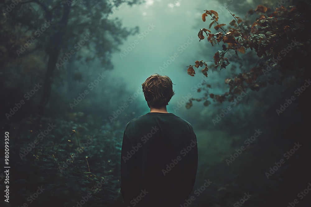Fototapeta premium Lonely man in foggy forest, atmospheric photo for mystery, suspense or drama