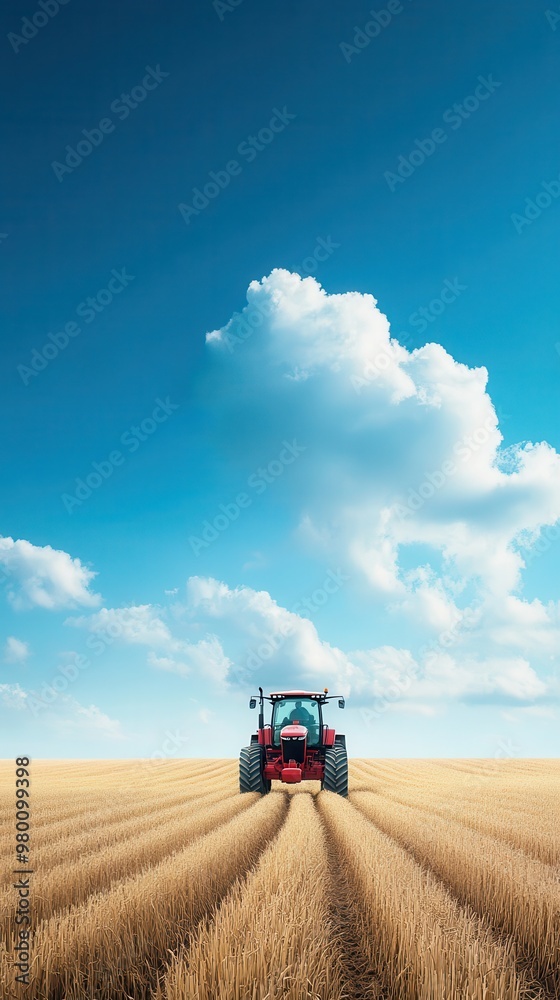 A vibrant red tractor plowing golden fields under a bright blue sky with fluffy clouds, symbolizing agricultural productivity. A vibrant red tractor plowing golden fields under a bright blue sky with fluffy clouds, symbolizing agricultural productivity.