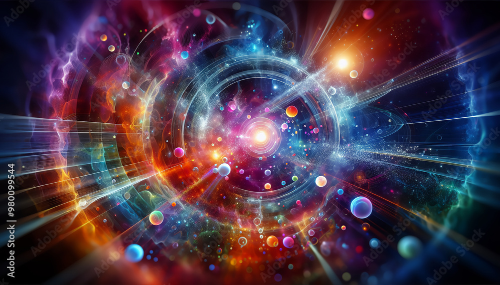 Abstract cosmic scene with swirling galaxies and bright central light. Abstract cosmic scene with swirling galaxies and bright central light.
