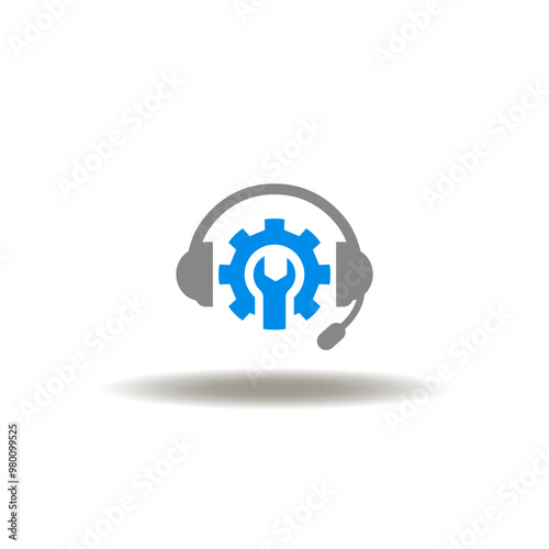 Vector illustration of telephone headset with gear and wrench. Icon of technical support. Symbol of after sales service.