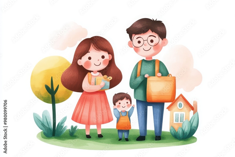 Cheerful family standing together outdoors, celebrating love and togetherness in a vibrant, colorful illustration.