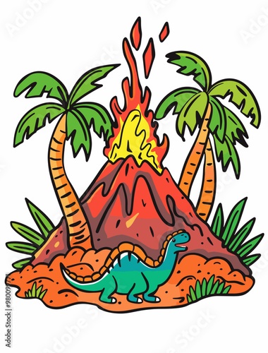 illustrations of dinosaurs and lava