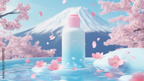 A Bottle of white body wash stands on water with cherry blossom and fuji mountain,bottle product washing or lotion for kid,bottle beauty product for skincare,body care,japan concept,copy space.