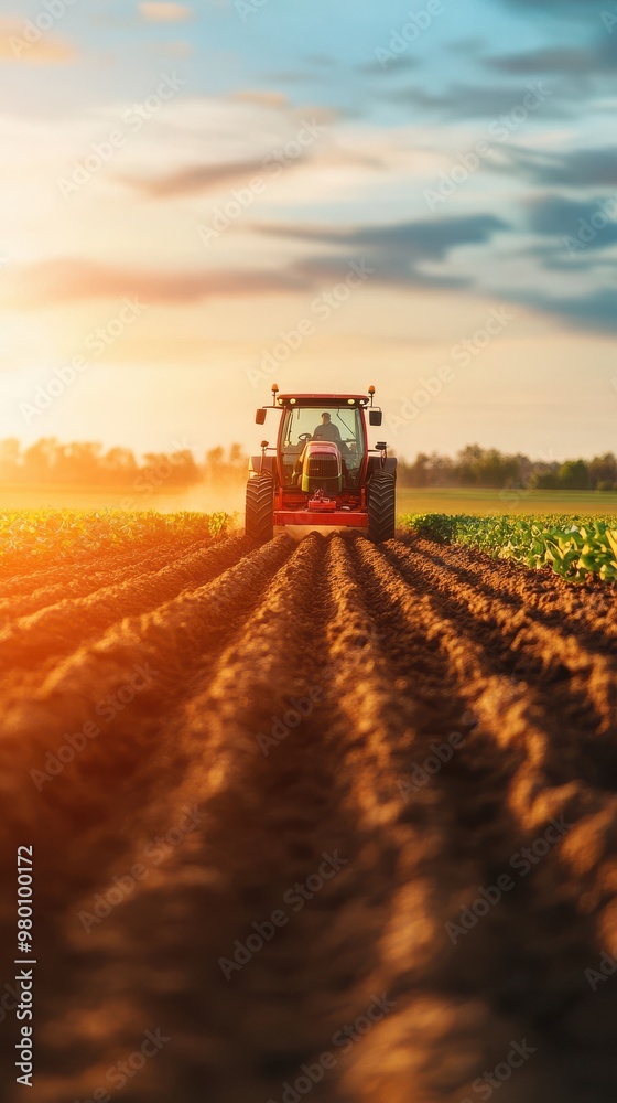 Sunset view of a tractor plowing fertile farmland, showcasing the beauty of agriculture and rural landscape. Sunset view of a tractor plowing fertile farmland, showcasing the beauty of agriculture and rural landscape.