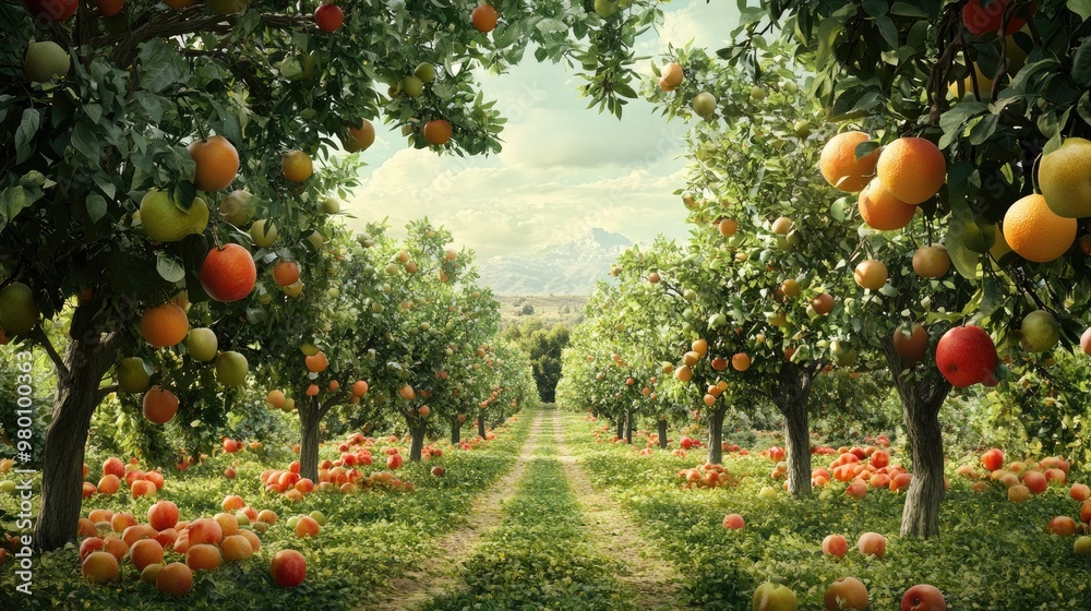 A lush orchard filled with trees bearing ripe, vibrant fruits, including apples, oranges, and pears, set against a realistic garden backdrop A lush orchard filled with trees bearing ripe, vibrant fruits, including apples, oranges, and pears, set against a realistic garden backdrop