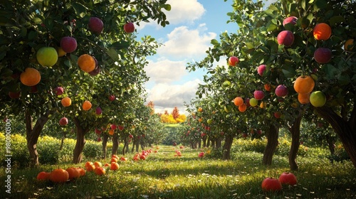 A thriving fruit orchard with trees filled with vibrant fruits like plums, apples, and oranges, set in a picturesque, realistic landscape photo