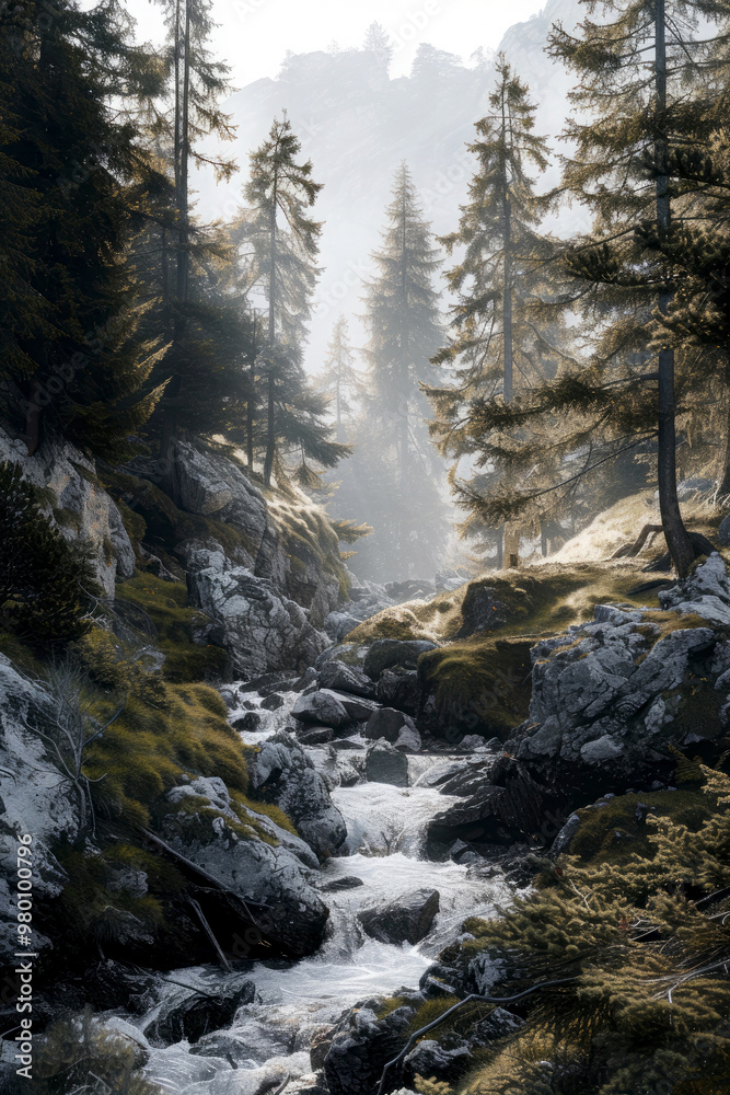 A serene mountain landscape with flowing water A serene mountain landscape with flowing water