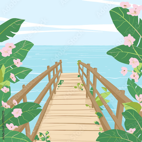 A wooden bridge leading to the sea