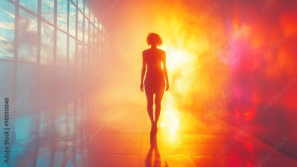 A silhouette of a person walking through colorful misty light.