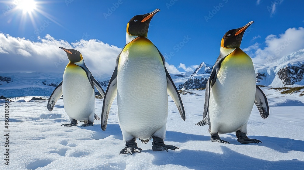 Fototapeta premium Three King Penguins on an Antarctic Landscape