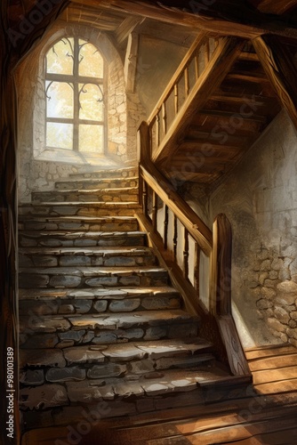 Old wooden staircase with sunlight streaming through a window, creating a nostalgic atmosphere.