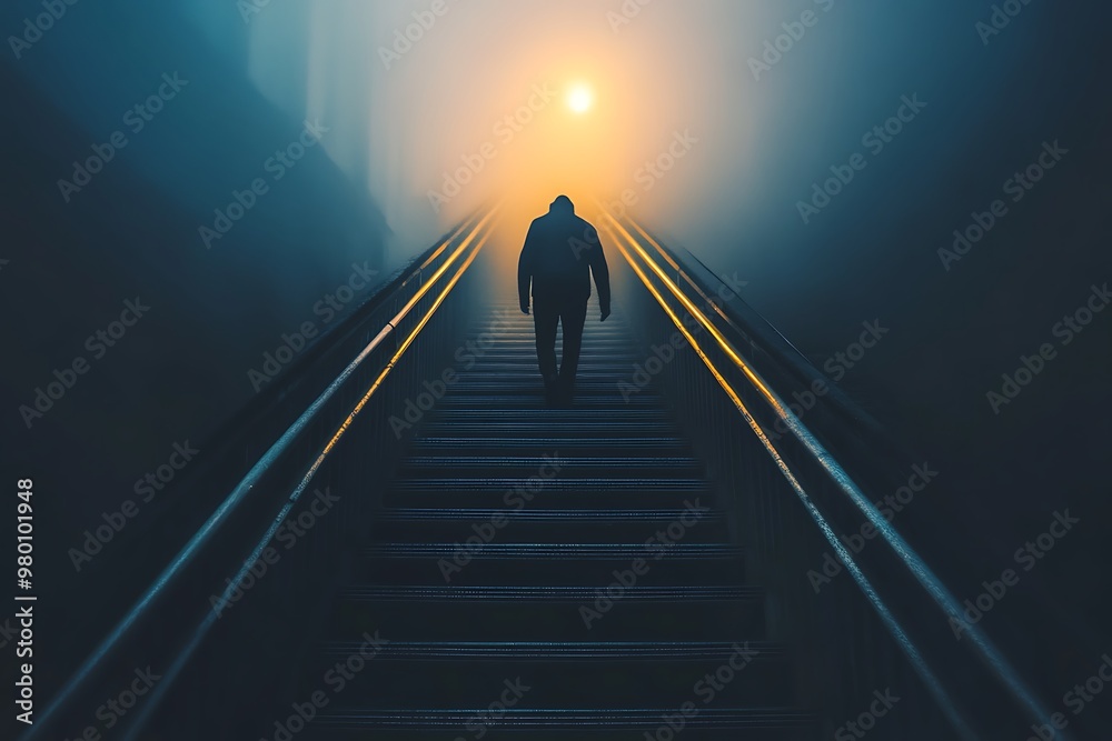 Silhouette of man walking up stairs in fog towards light. Hope, motivation, and success concept. Silhouette of man walking up stairs in fog towards light. Hope, motivation, and success concept.