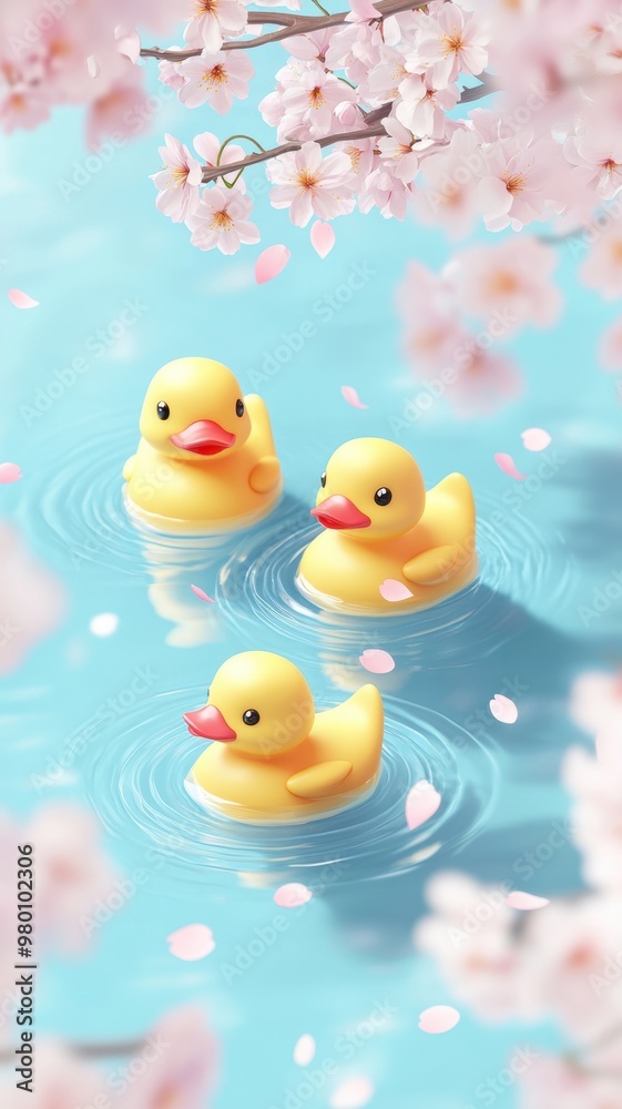Yellow rubber duck in the bathtub with rubber duck toys in bathroom and cherry blossom in onsen,Bathtub full of foam with bubbles,relaxing in water,Vector illustration. Yellow rubber duck in the bathtub with rubber duck toys in bathroom and cherry blossom in onsen,Bathtub full of foam with bubbles,relaxing in water,Vector illustration.