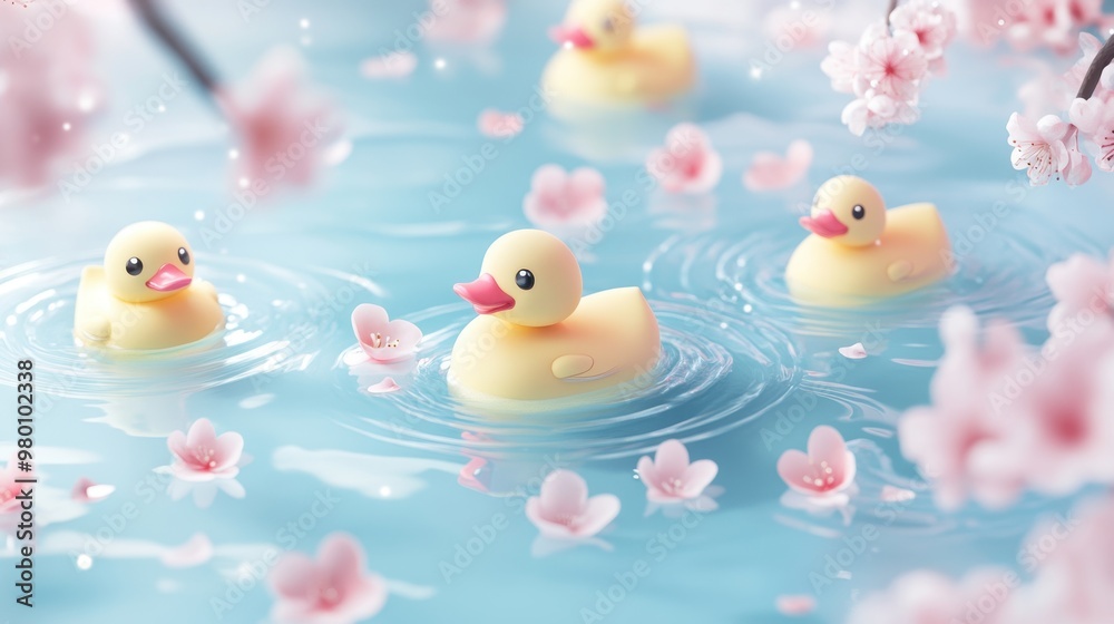 Yellow rubber duck in the bathtub with rubber duck toys in bathroom and cherry blossom in onsen,Bathtub full of foam with bubbles,relaxing in water,Vector illustration. Yellow rubber duck in the bathtub with rubber duck toys in bathroom and cherry blossom in onsen,Bathtub full of foam with bubbles,relaxing in water,Vector illustration.