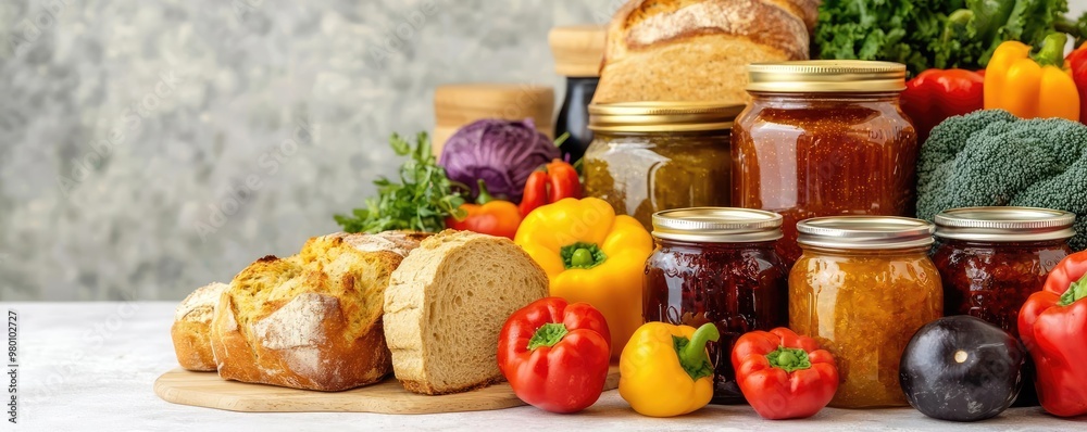 A farm stand with jars of organic preserves, fresh baked bread, and colorful vegetables, illustrating the diverse range of organic food offerings