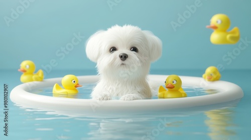 White maltese relaxing in the bathtub with Yellow rubber duck toys,puppy dog taking a bath full of soap foam,Grooming concept,maltese wash in bathroom,Vector illustration.