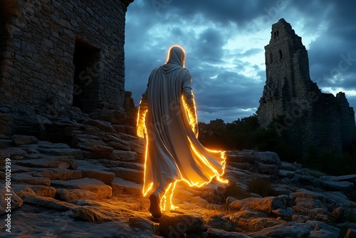 A ghostly knight wandering the ruins of a castle, searching for a lost love or purpose