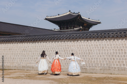 Gyeongbokgung Palace, Seoul, Jongno District, South Korea, in a spring sunny day, exterior view of main Korean royal palace with Gwanghwamun Gate, travel to Republic of Korea photo