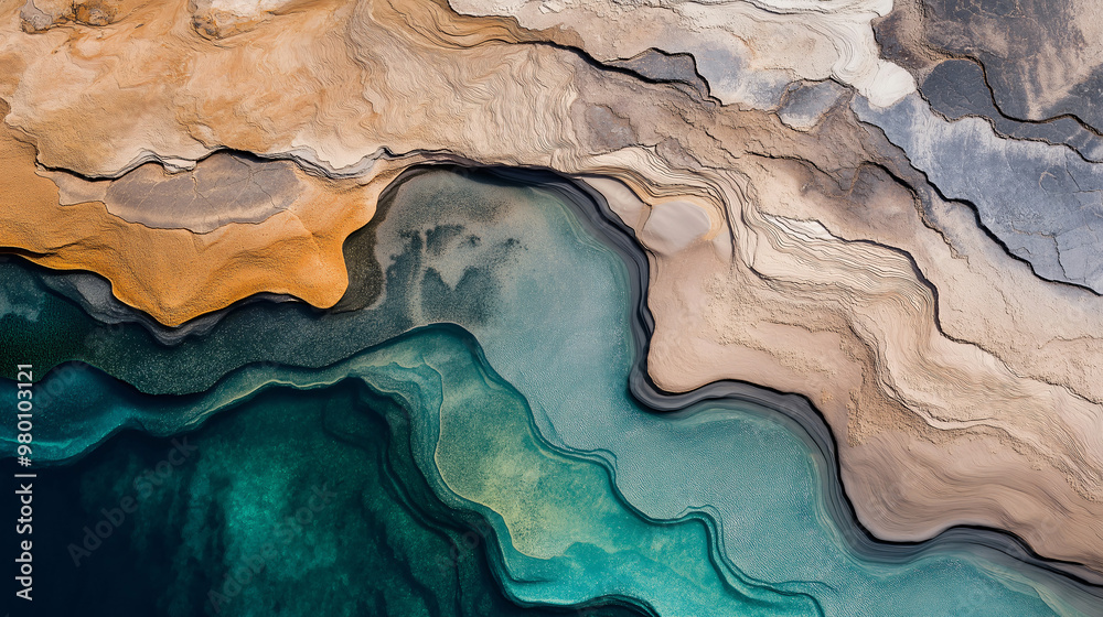 The vibrant colors and unique patterns of the shoreline contrast beautifully with the clear water, highlighting nature’s artistic layout under the bright sky The vibrant colors and unique patterns of the shoreline contrast beautifully with the clear water, highlighting nature’s artistic layout under the bright sky