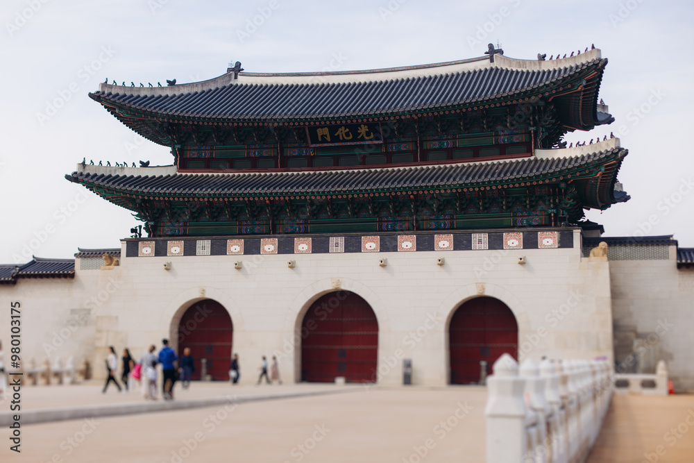 Gyeongbokgung Palace, Seoul, Jongno District, South Korea, in a spring sunny day, exterior view of main Korean royal palace with Gwanghwamun Gate, travel to Republic of Korea Gyeongbokgung Palace, Seoul, Jongno District, South Korea, in a spring sunny day, exterior view of main Korean royal palace with Gwanghwamun Gate, travel to Republic of Korea
