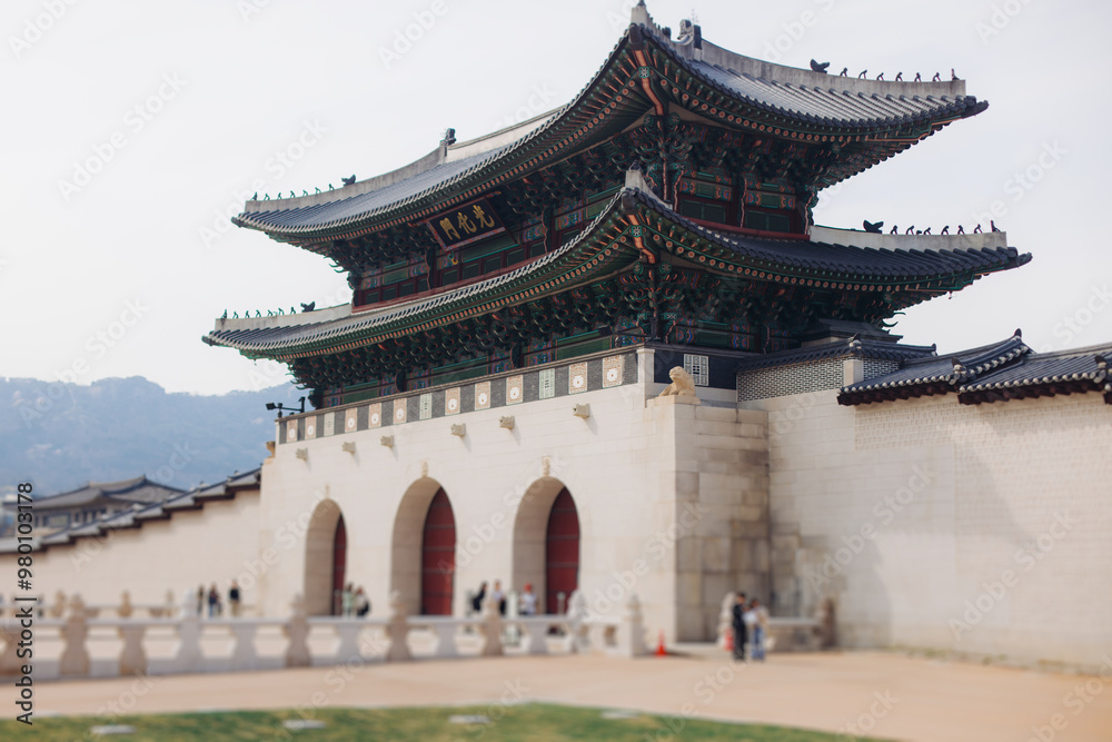Gyeongbokgung Palace, Seoul, Jongno District, South Korea, in a spring sunny day, exterior view of main Korean royal palace with Gwanghwamun Gate, travel to Republic of Korea Gyeongbokgung Palace, Seoul, Jongno District, South Korea, in a spring sunny day, exterior view of main Korean royal palace with Gwanghwamun Gate, travel to Republic of Korea