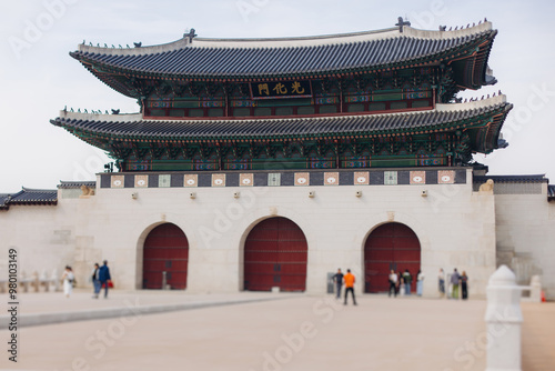 Gyeongbokgung Palace, Seoul, Jongno District, South Korea, in a spring sunny day, exterior view of main Korean royal palace with Gwanghwamun Gate, travel to Republic of Korea photo