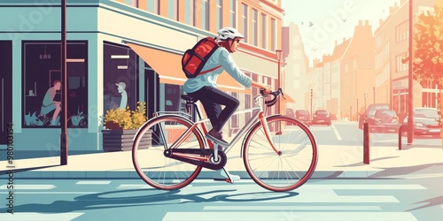Wallpaper Mural Cyclist speeding through a downtown commercial area with modern buildings as the backdrop, reflecting urban energy and the spirit of active life in the city. Torontodigital.ca
